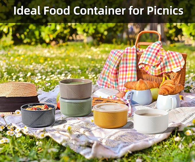 Ceramic Bowl with Lid: 20 oz Microwave Safe Food Storage Container for Soup, Salad, Cereal, Leftovers, Meal Prep, Lunch, Picnic, Camping, Serving - Airtight, Green, 1 PCS