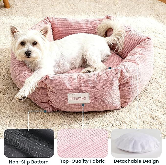 Cat Bed, 22 Inch Washable Corduroy Cat and Small Dog Bed with Removable Cover & Anti-Slip Bottom, Calming Comfort Pet Bed for Pets up to 15 lbs (Gray)