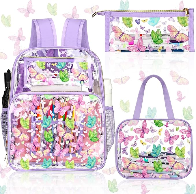 Kacctyen 3 Pcs Clear Backpack Heavy Duty Clear Stadium Bag Transparent Backpack with Lunch Bag(Purple,Butterfly)