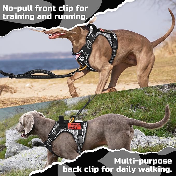 rabbitgoo Tactical Dog Harness for Large Dogs, No Pull Military Service Vest with Handle & Molle, Easy Control for Training Walking, Adjustable Reflective Straps, Black & White Geometric, M
