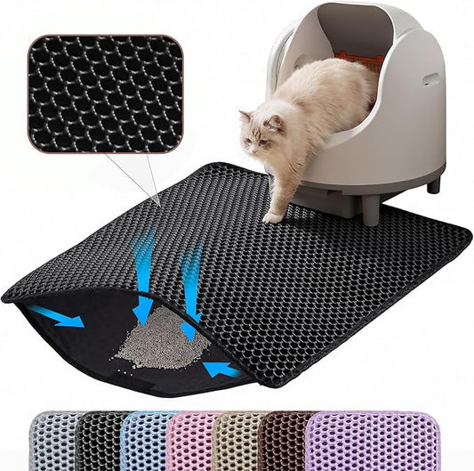 Jumbo Cat Litter Mat, 46x26 Inches Double Layer Honeycomb Litter Trapping Mat, Non Slip Waterproof Urine Proof Extra Large Cat Litter Box Mat, Kitten Supplies and Essentials, XXL, Black