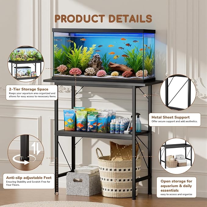 10-30 Gallon Fish Tank Stand with Storage Shelves, 2-Tier Aquarium Stand with Metal Frame, Heavy Duty Reptile Turtle Tank Stand for Home Office, 30" L x 11.8" W x 30.5" H, Black