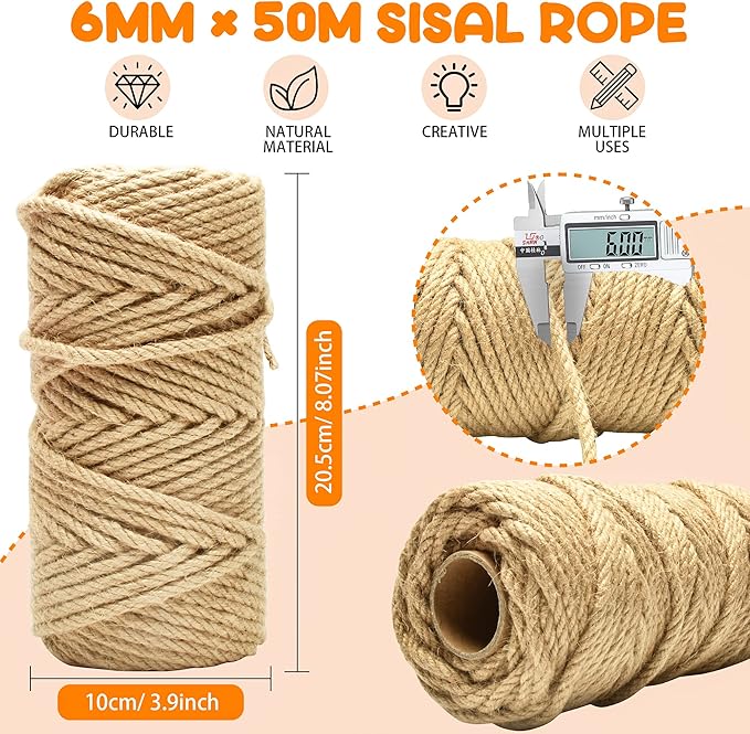 164FT/50M Cat Scratching Sisal Rope, 6mm 1/4 inch Thick Natural Jute Rope for Scratch Posts, Cat Trees, DIY Projects, Sisal Rope for Cat Scratcher with 2 Cat Mouse Toys (Natural, 164ft)