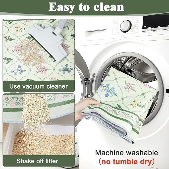 Bienbee Cat Litter Mat, 2PCS 33"x22" Machine Washable Litters Box Mats Non-Slip &Waterproof Cat Litters Trapping Mats Easy to Clean Mat for Litter Box Less Waste Protects Floors Bean Green Branch L
