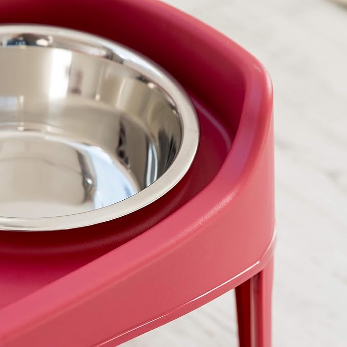 IRIS USA Elevated Dog Bowls Adjustable Stand, Raised Feeding Station with 2 Stainless Steel 64 oz Bowls, Spill Guard, Dual Height 12.25" or 4.63", Made in USA, Red