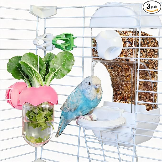 Automatic Bird Cage Feeder No Mess Bird Feeding Station Parrot Vegetable Holder Fruit Clips for Parakeet Cockatoo Canary Lovebirds Budgie (White)