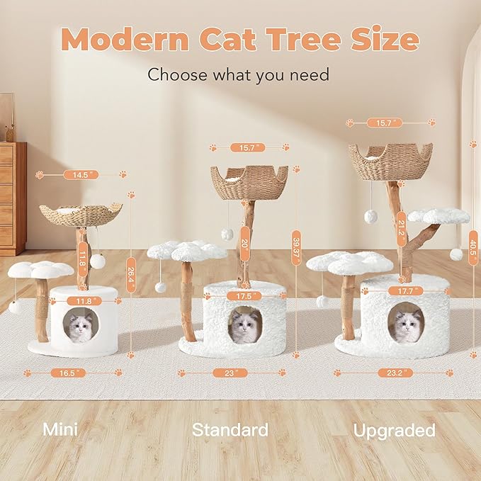 Easyego Modern Cat Tree, 26.3" Aesthetic Wood Cat Tree Tower, Luxury Cat Condo with Scratching Posts and Flower Platforms, Cat Furniture, Pure White