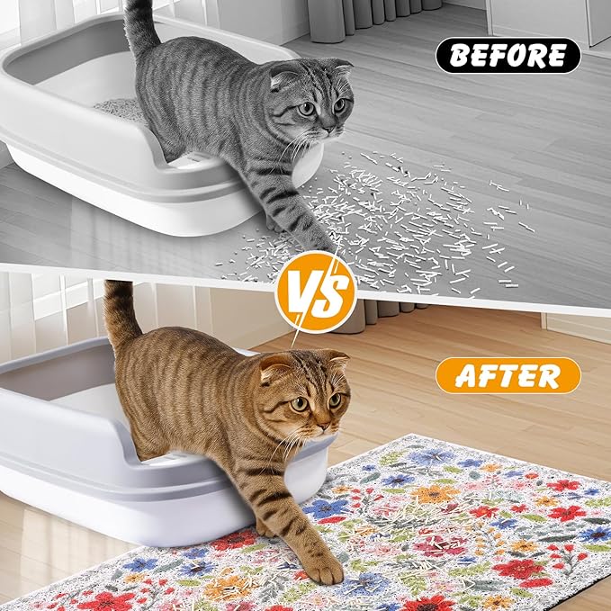 Cat Litter Mat, 20x15 in Litters Box Mat Waterproof Non-slip Easy to Clean Washable Trapping Mat for Kitty(White Leaves)