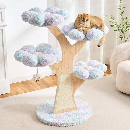Aesthetic Flower Cat Tree Tower with Scratching Post for Indoor Cats, 48" Modern Cat Tree with Wood Sculpted Branch, Flower Cat Beds, Scratching Board & Interactive Squeaky Toy, Dreamy Blue