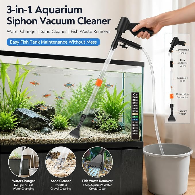 Aquarium Gravel Cleaner Kit, Semi-Automatic Siphon for Fish Tanks | Gravel & Sand Compatible Removes Fish Waste & Debris Water Change Made Easy Cleaning Brush Thermometer Strip Included