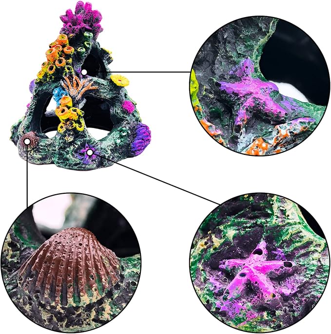 GSD Aquarium Colorful Coral Reef Set Fish Tank Decoration Mountain Ornament for Aquarium Environments Decor Accessories, Coral Mountain x 1, Aquatic Plant x 4 (Pack of 2)