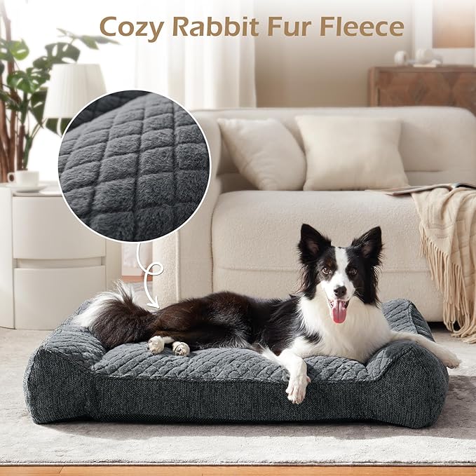JOEJOY XL Orthopedic Dog Bed for Large Dogs Up to 80lbs - Extra Thick Foam Pet Bed Sofa with Bolster Sides, Large Sized Dog Couch Bed with Removable Washable Cover, Non-Slip Bottom, Grey (42"x30")