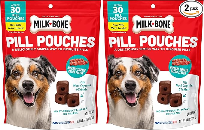 Milk-Bone Pill Pouches Dog Treats, Hickory Smoked Bacon Flavor, 30 Count Bags (Pack of 2)