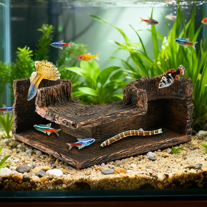 Aquarium Corner Cave - Fish Tank Cave for Corners - Betta Hideout | Natural-Looking Wood-Like, Fish Hideout for Aquarium,90° Corner Fish Cave Viewing Tunnels,5.1” x 2” x 2.7”