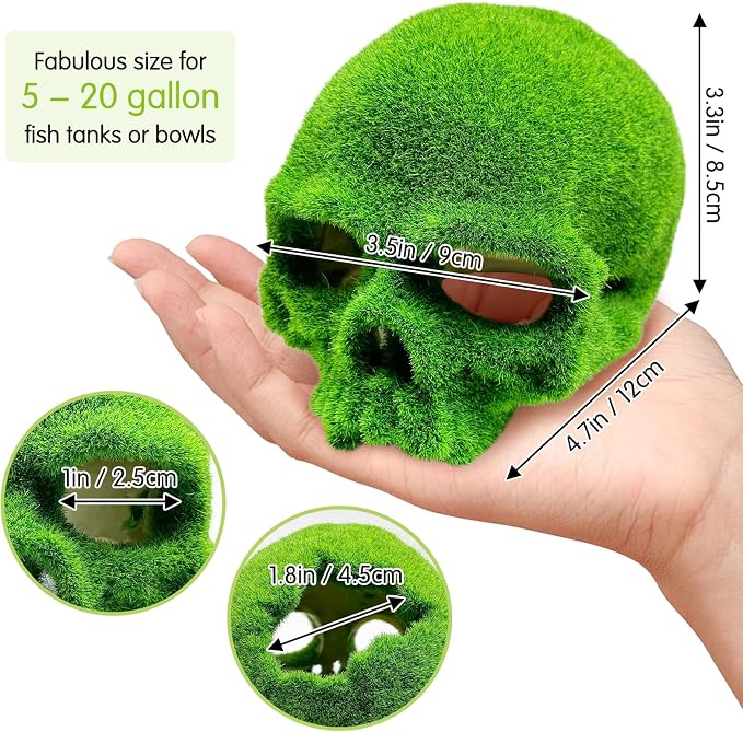 Tfwadmx Mossy Skull Aquarium Decor, Resin Fish Tank Decorations Shrimp Cave Aquarium Betta Fish Hiedout Reptile House for Small Fish
