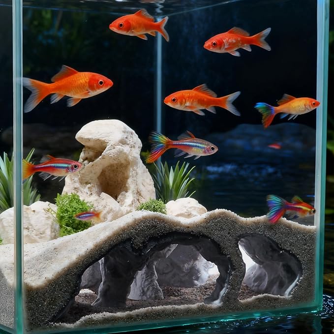 Aquarium Cave Tunnel Hideout - 3D Printed Fish Tank Cave Decor for Pleco | Friendly Sinking Base Shrimp/Betta Fish Hideout for Aquarium with Viewing Ports
