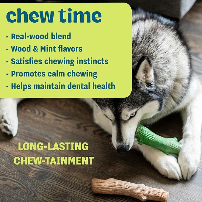 Pupstages by Petstages Dogwood Breath Dog Chew Toy – Real-Wood Blend, Moderate Chewers, Large, 8", 2-Pack (Natural & Mint Flavors)