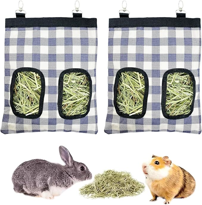 Rabbit Hay Feeder Bag, Large Capacity Rabbit Hay Bag Small Animal Hanging Hay Bag 600D Oxford Cloth Bunny Hay Feeder Bag for Rabbits Guinea Pigs Chinchillas (Plaid-2 Holes-2Pcs)