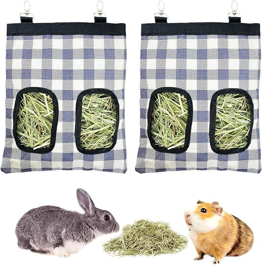Rabbit Hay Feeder Bag, Large Capacity Rabbit Hay Bag Small Animal Hanging Hay Bag 600D Oxford Cloth Bunny Hay Feeder Bag for Rabbits Guinea Pigs Chinchillas (Plaid-2 Holes-2Pcs)