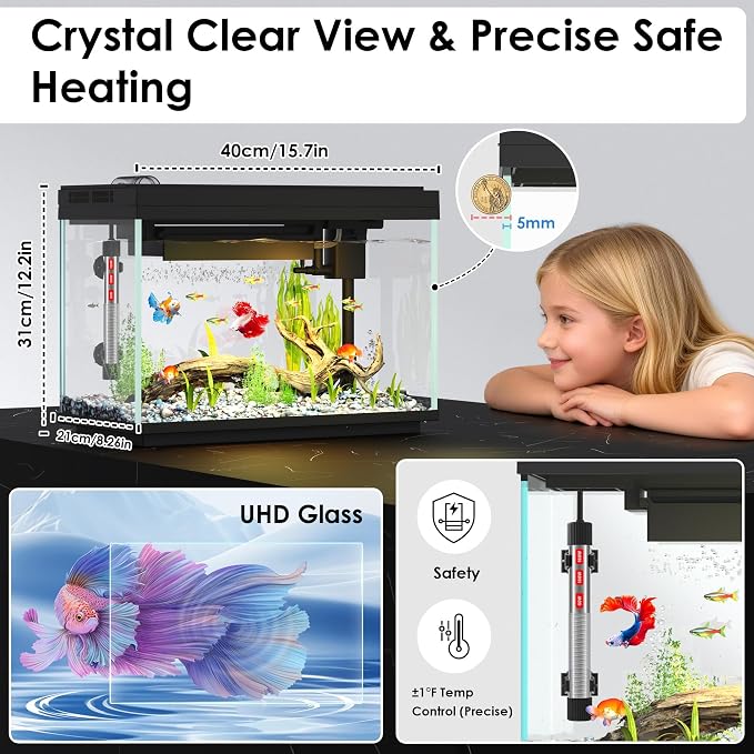 Smart Fish Tank Starter Kit with Smart Temperature Display & Wireless Control, 5.8 Gallon Fish Tank Self Cleaning, 3-in-1 Quiet Filter Pump, 7-Color LED, Heater, Feeder for Beginner Aquarium