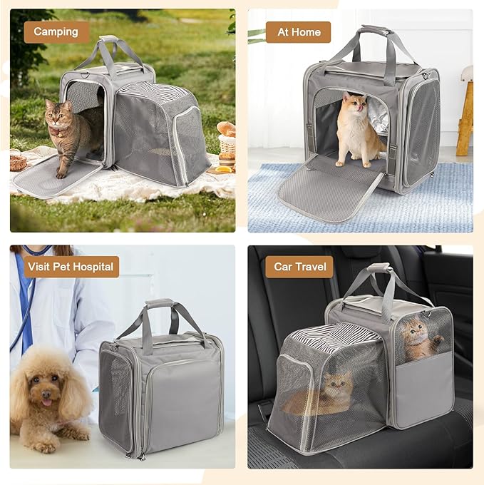 Expandable Cat Carrier with Portable Litter Box, Soft-Sided Pet Travel Carrier for Large Cats up to 20 lbs, Foldable Car Seat Crate for Long Distance Road Trips, Light Gray
