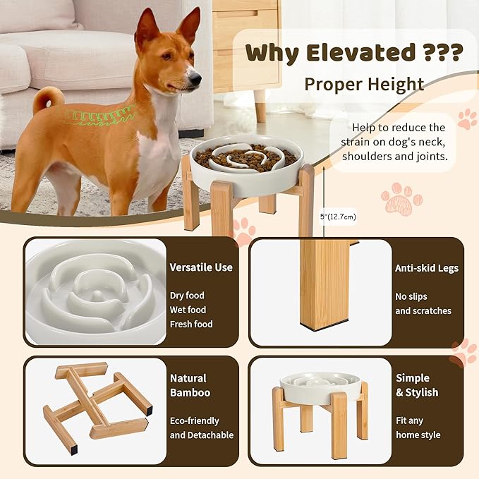 Elevated Slow Feeder Dog Bowl Large Breed, 8.4 Inch Ceramic Slow Eating Bowl with Bamboo Stand, Anti-Choking Raised Maze Design for Medium to Large Dogs, 3.2 Cup, Milky White