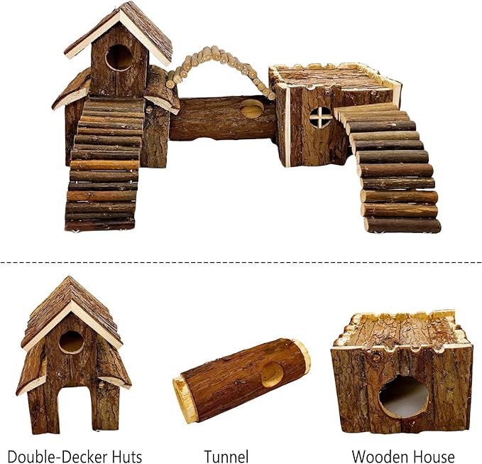 Natural Wooden Hamster Tunnel Playground Small Animal Multi-Room Hideout Houses with Climbing Ladders and Bridges for Dwarf Hamster Mice Gerbil (18.5x8.7x6in)