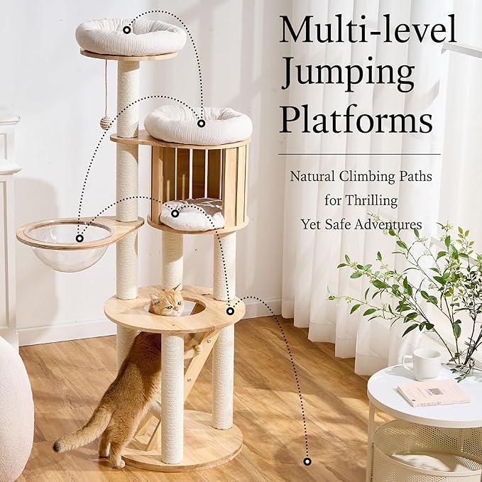 797Audio Wood Modern Cat Tree, 61.5" Tall Cat Tower with Sisal Scratching Posts, Cat Condo, Capsule and Ladder, Solid Wooden Aesthetic Multi-Level Cat Climbing Tree for Large Adult Indoor Cats