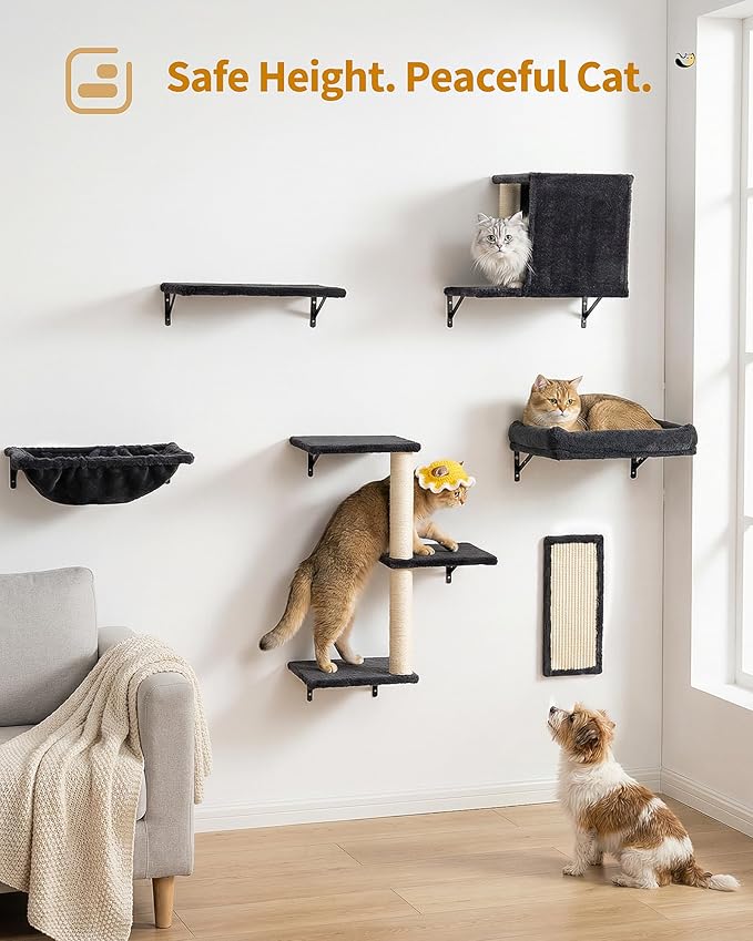 Aechonow Heavy Duty Cat Wall Shelves for Large Cats, 6-in-1 Cat Furniture Set with 17" × 11.9" Large Perch Bed and Hammock, Cat Climbing Wall Systems with Vertical Cat Scratcher
