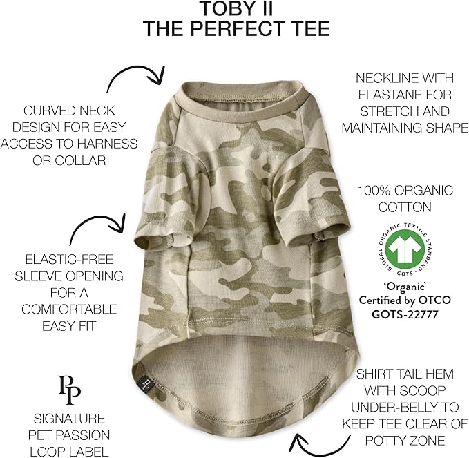 Pet Passion Toby II - The Perfect Tee, 3 Pack Short Sleeve Pet T-Shirt 100% Organic Cotton Tees Clothes for Small, Medium, Large Dogs, Sage Camo, XX-Small (4-7 lbs)