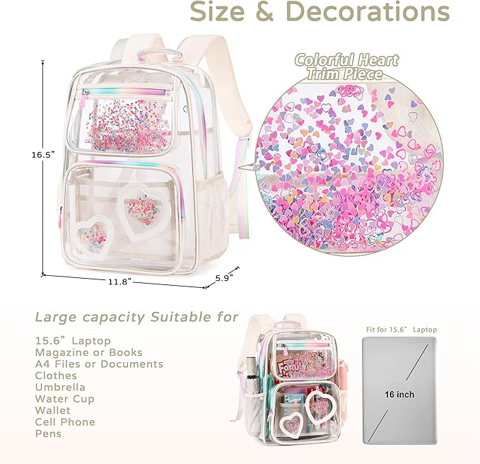 Clear Backpack for Girls,Clear Bookbag Heavy Duty Transparent Backpacks for Stadium Events, See Through Back Pack for Kindergarten Elementary Middle High School (Off-white)
