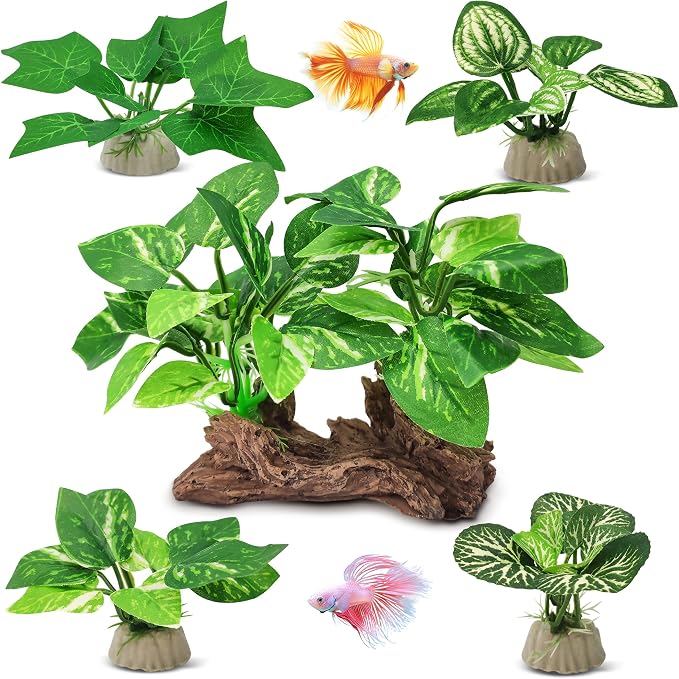 GOZILLA Silk Fish Tank Plants,Reptile Artificial Plant,Reptile Plants for Terrarium,Aquarium Decorations Accessories Set,Resin Driftwood Silk Aquarium Plant for Fish Tank.(5PCS/A-Set)