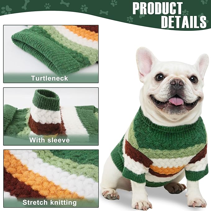 Dog Sweater, Classic Turtleneck Knitted Striped Dog Sweaters, Warm Sweater for Winter, Soft Christmas Sweaters for Boy Girl, Dogs Clothes for Small/Medium Cats, Doggys (Green, Medium)