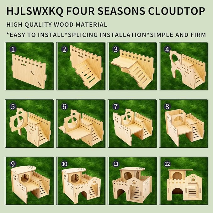 Natural Wood Hamster Habitat Hideout Cage Accessories, Maze Cabin with Fun Slide & Double-Decker House, Exercise Toys for Dwarf Hamsters, Gerbils, Mice, Other Small Animals(Only for Small Hamster D)