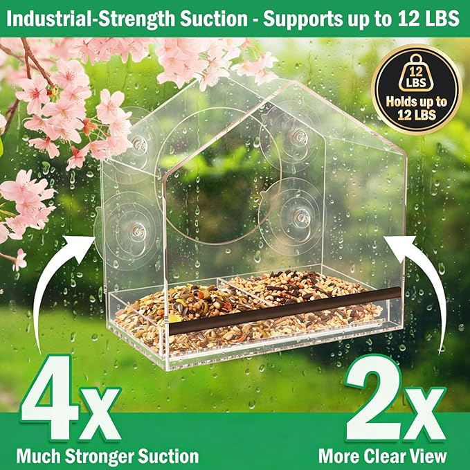Window Bird Feeder with 4 Extra Strong 2.36'' Suction Cups - 4.35' Extra Deep Removable Tray for Large Capacity, Clear Birdhouse for Outside Viewing, Gift for Cardinals, Finches & Bluebirds