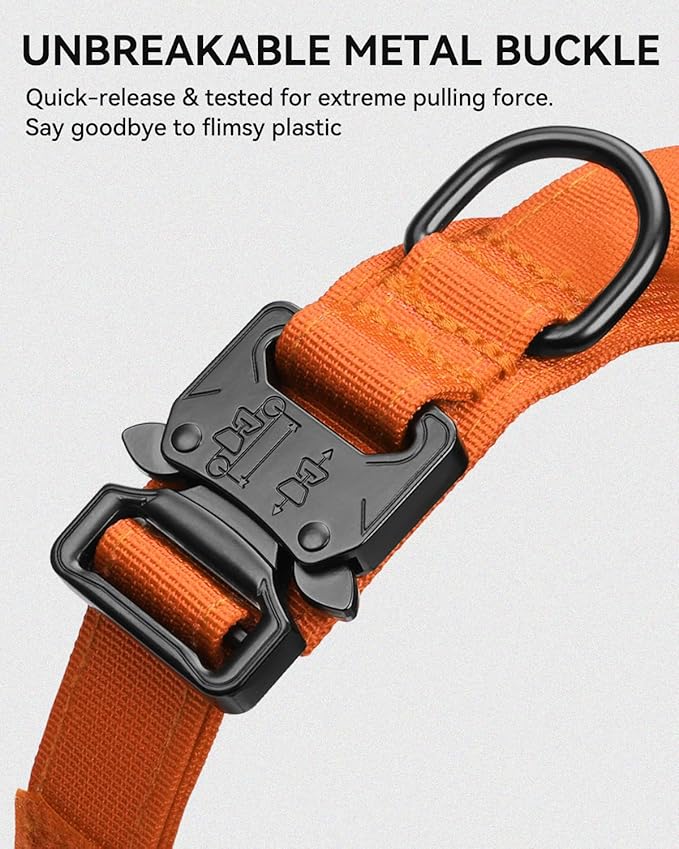 Joytale Tactical Dog Collar with Handle and Metal Buckle, Heavy Duty Padded Military Collar with 2 Patches for Training, Adjustable for Large Dogs, Orange, L