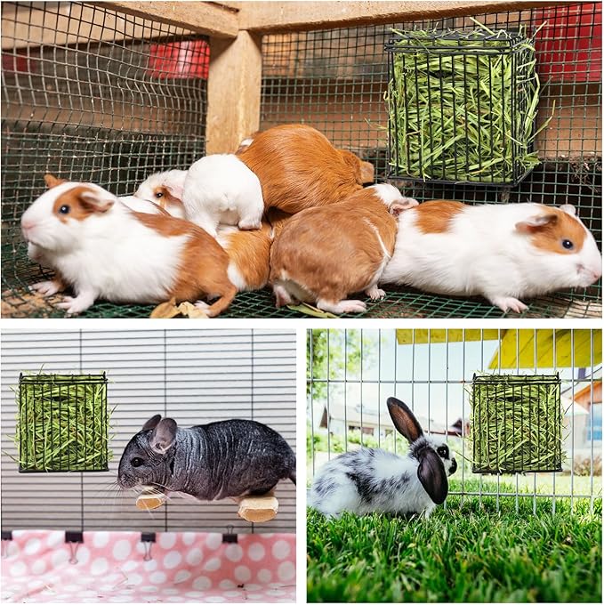 New Upgraded Rabbit Hay Feeder,Comes with Lid to Prevent Critters from Jumping in,Metal Frame Hay Rack with Adjustable Hook,for Rabbits Guinea Pigs Bunny Chinchillas Small Animals (Black)