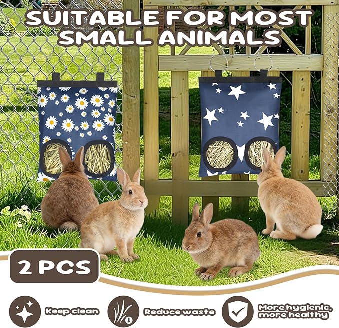 2 Pack Rabbits Hay Feeder Bag, 2 Holes Hanging Bunny Hay Feeder Guinea Pig Feeding Bag Storage Dispenser for Bunny Rabbits Chinchillas Hamsters Small Pets and Animals