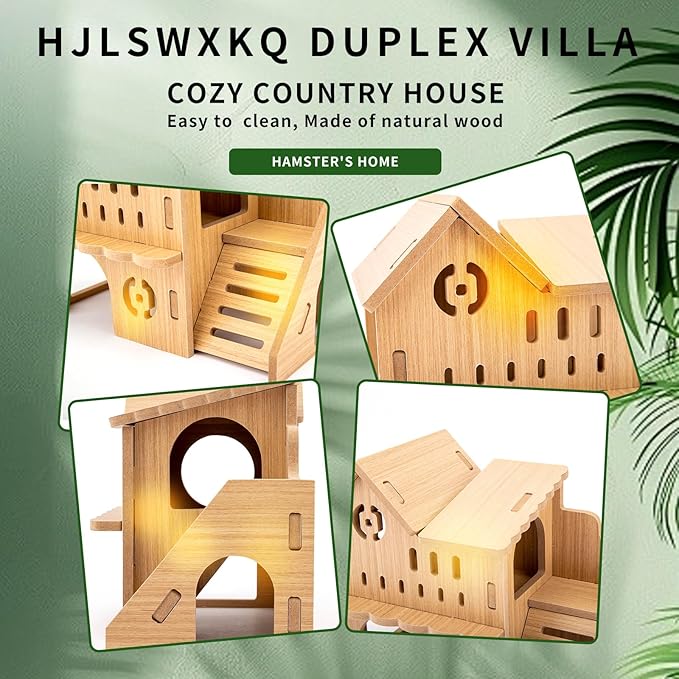 Natural Wood Hamster Habitat Hideout Cage Accessories, Maze Cabin with Fun Slide & Double-Decker House, Exercise Toys for Dwarf Hamsters, Gerbils, Mice, Other Small Animals(Only for Small Hamster B)