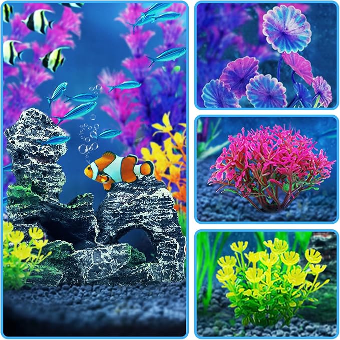 QUOZUO Fish Tank Decor Aquarium Decor, 9pcs Colorful Fish Tank Accessories Artificial Plants and Cave Rock Decor Set, Aquarium Decorations Plastic Plants