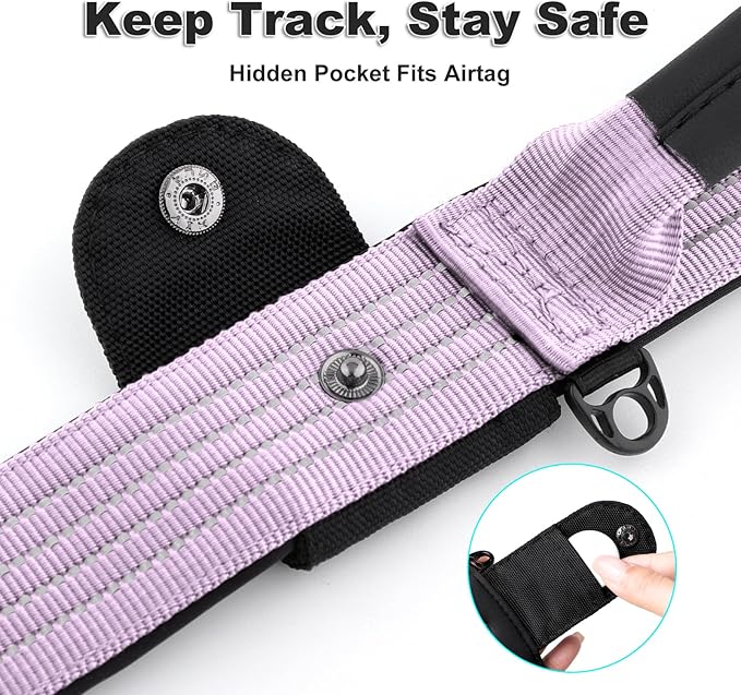 Plutus Pet Tactical Dog Collar with Tracker Pocket for AirTag, Adjustable Reflective Nylon Collar, Metal Buckle, Leather-Wrapped Handle, Soft Padded for Medium Large Dogs (Purple, L)
