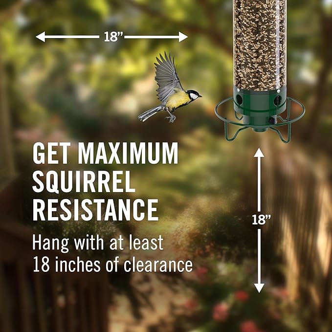Droll Yankees Squirrel Proof Bird Feeder for Outdoors – Rechargeable Weight-Activated Rotating Perch, 5lb Seed Capacity, Metal Base, UV-Stabilized Seed Tube, Hanging Green Yankee Flipper, YF-M