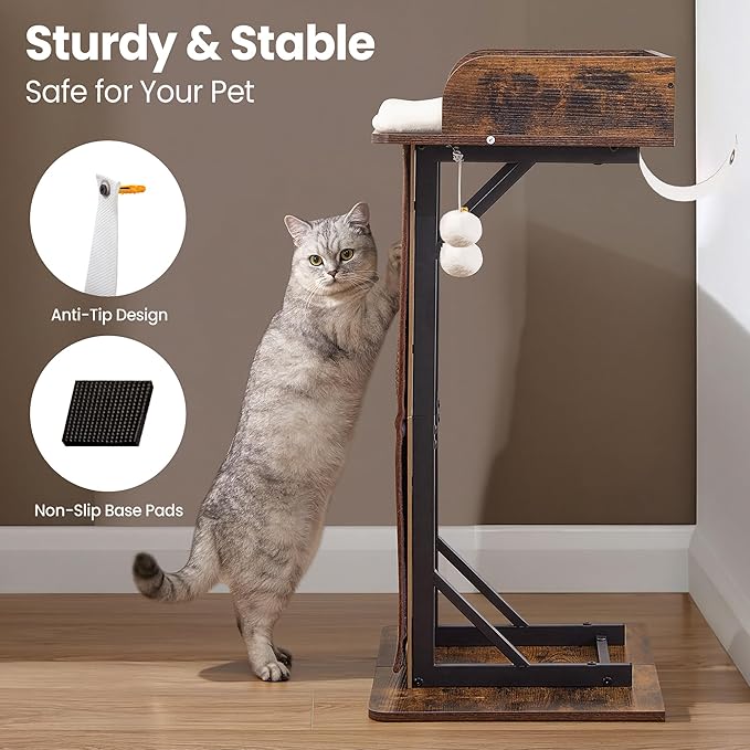Modern Wood Cat Tree Tower for Indoor Large Cats, 33.8-Inch Tall Wooden Cat Trees with Big Perch Bed, Cat Scratching Pads, Washable Cushions and Scratching Mat, Cat Furniture, Rustic Brown