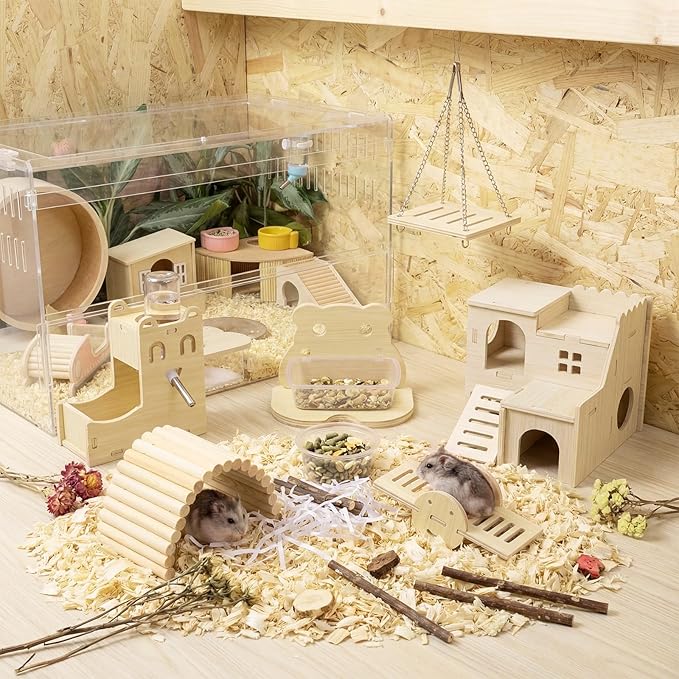 BreezeHug 6 Pcs Hamster Wooden Hideouts Hamster Houses Feeder and Waterer Chinchillas Chew Cage Accessories Activity Enrichment for Rats Gerbils Small Animals Habitat
