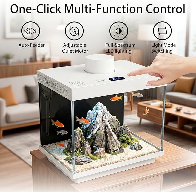Smart Fish Tank, 2 Gallon Glass Aquarium Starter Kit with App Control, Auto Feeder, Temperature Display, RGB Color Light 3-in-1 Quiet Pump with Filter for Home, Office Corner