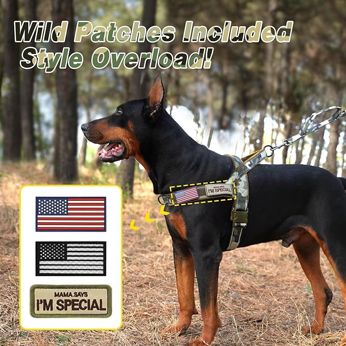 Forestpaw No Pull Dog Harness with Large Handle,Slip on Reflective Vest with Quick Release Buckle,Comfortable Flannel Lining for Medium Large Dogs Walking Training (Includes 3 Patches),Green Camo L