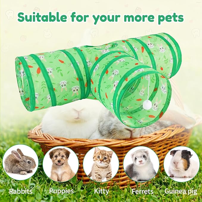 BWOGUE Bunny Tunnels & Tubes Collapsible 3 Way Bunny Hideout Small Animal Activity Tunnel Toys for Dwarf Rabbits Guinea Pigs Kitty
