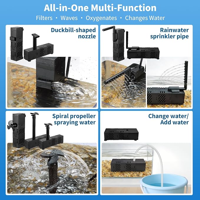 5-in-1 Aquarium Submersible Filter for 3-5 Gallon Fish Tank Ultra-Quiet Small Internal Aquarium Filter, Dual Suction Cups, Multi-Function Outlet, with Reusable Filter Media 3W 80GPH