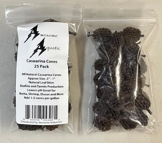 Awesome Aquatic 25 Casuarina Cones, Blackwater, Betta Shrimp Habitat | Larger than Alder Botanicals Natural tannins Blackwater habitat Leaf litter Longer lasting biofilm Natural décor Easy to use
