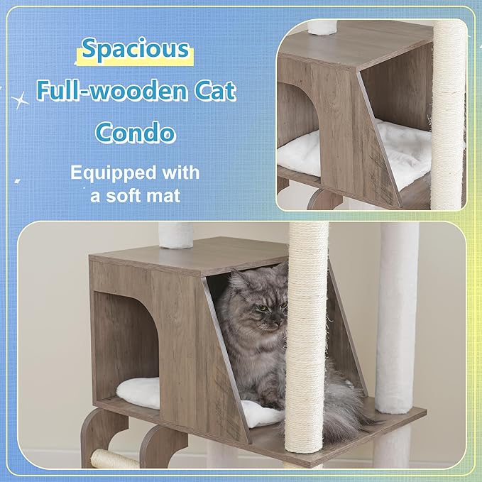 Hey-brother Wooden Cat Tree, 69.7 inch Cats Furniture Tower with Large Platforms, Hammocks, Spacious Condo, Full Sisal Scratching Posts, Ladder, Brush, Water Proof Surface, Rustic Gray MPJ121SG